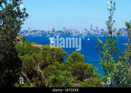 Die Stadt Sydney und die Sydney Harbour von Lookout entlang South Head Heritage Trail, Watsons Bay, Sydney, Australien. Stockfoto