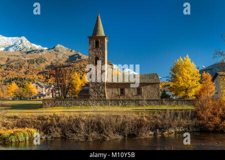 Laurentius Kirche in Sils Segla Kanton Graubünden, Engadin, Schweiz, Europa. Stockfoto