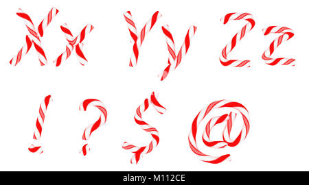 Candy Cane Schriftart X-Z Buchstaben und Symbole isoliert auf weißem Stockfoto