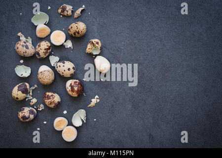 Hart gekochte Wachteleier und Muscheln auf einer Schiefertafel Hintergrund Stockfoto