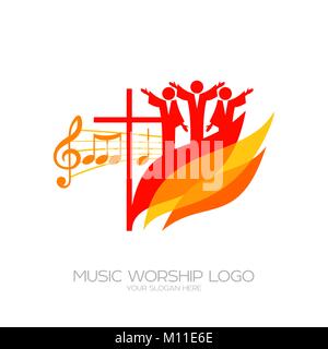 Musik Logo. Christliche Symbole. Die Gläubigen beten Jesus Christus, Singen mit dem Feuer des Heiligen Geistes Stock Vektor