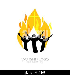 Musik Logo. Christliche Symbole. Die Gläubigen beten Jesus Christus, Singen mit dem Feuer des Heiligen Geistes Stock Vektor