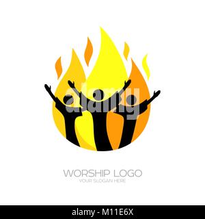 Musik Logo. Christliche Symbole. Die Gläubigen beten Jesus Christus, Singen mit dem Feuer des Heiligen Geistes Stock Vektor