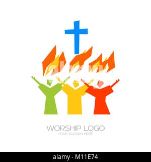 Musik Logo. Christliche Symbole. Die Gläubigen beten Jesus Christus, Singen mit dem Feuer des Heiligen Geistes Stock Vektor