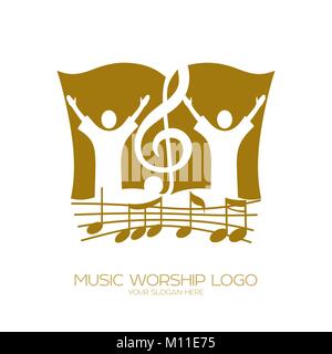 Musik Logo. Christliche Symbole. Der Anbetung Gottes, der Menschen und der violinschlüssel auf dem Hintergrund der Bibel Stock Vektor