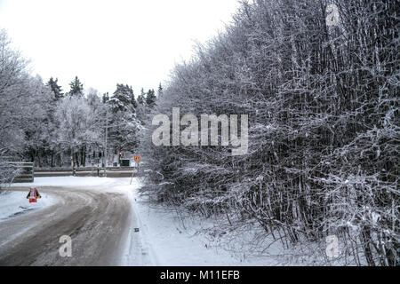 Gefrorenen Büschen an einer Ecke Seitenstraße mit einer großen Straße hinter und Straßenschilder. Eine typische Straße mit Schnee, in einer schwedischen Stadt, die während des Winters. Stockfoto