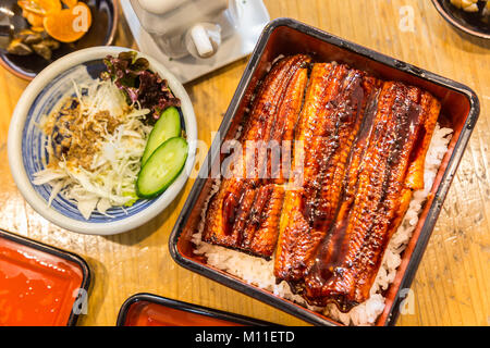 Unagi, Japanische Süßwasser Aal gekocht, über Reis - Ein populäres japanisches Gericht Stockfoto