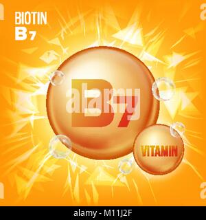 Vitamin B7 Biotin Vektor. Vitamin Öl Gold Pille Symbol. Organische Vitamin Gold Pille Symbol. Medizin Kapsel, goldenen Stoff. Für Promo Ads Design. 3D-Vitamin mit der chemischen Formel Komplex. Abbildung: Stock Vektor