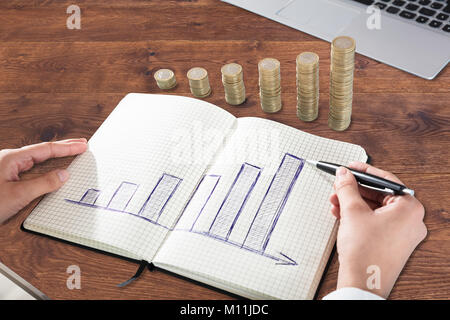Unternehmer Zeichnen von Graphen auf Notiz Buch mit gestapelten Münzen über Schreibtisch Stockfoto