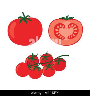 Sammlung von frischen roten Tomaten Vektorgrafiken. Eine halbe Tomate, eine Scheibe Tomate, Cherry Tomaten. Stock Vektor