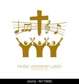 Musik Logo. Christliche Symbole. Diejenigen, die an Jesus glauben, singen ein Lied der Verherrlichung des Herrn Stock Vektor