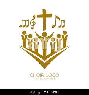 Musik Logo. Christliche Symbole. Diejenigen, die an Jesus glauben, singen ein Lied der Verherrlichung des Herrn Stock Vektor