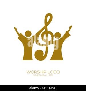 Musik Logo. Christliche Symbole. Diejenigen, die an Jesus glauben, singen ein Lied der Verherrlichung des Herrn Stock Vektor