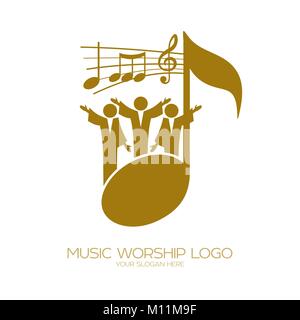 Musik Logo. Christliche Symbole. Diejenigen, die an Jesus glauben, singen ein Lied der Verherrlichung des Herrn Stock Vektor