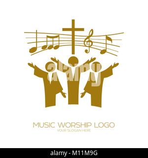 Musik Logo. Christliche Symbole. Diejenigen, die an Jesus glauben, singen ein Lied der Verherrlichung des Herrn Stock Vektor