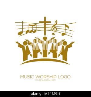 Musik Logo. Christliche Symbole. Diejenigen, die an Jesus glauben, singen ein Lied der Verherrlichung des Herrn Stock Vektor