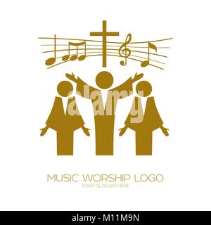 Musik Logo. Christliche Symbole. Diejenigen, die an Jesus glauben, singen ein Lied der Verherrlichung des Herrn Stock Vektor