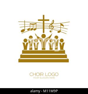 Musik Logo. Christliche Symbole. Diejenigen, die an Jesus glauben, singen ein Lied der Verherrlichung des Herrn Stock Vektor