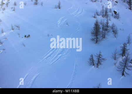 Off Piste Spuren im frischen Schnee im Skigebiet "Chiesa in Valmalenco', Sondrio, Italien Stockfoto