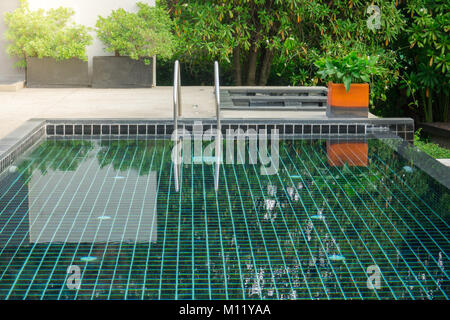 Schwimmbad mit Metall Treppe mit grüne Natur backgroun Stockfoto