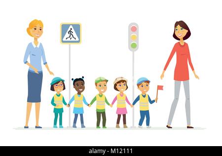 Kindergarten Lehrerin zeigt Straße Regeln - cartoon Menschen Zeichen isoliert Abbildung Stock Vektor