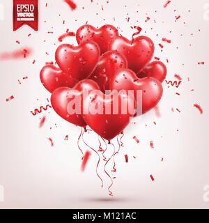 Valentines Tag Red Balloon mit Band. Herzform. Liebe, 14. Februar. Stock Vektor