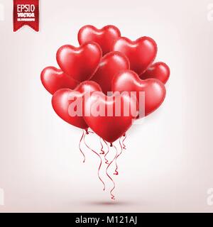 Valentines Tag Red Balloon mit Band. Herzform. Liebe, 14. Februar. Stock Vektor