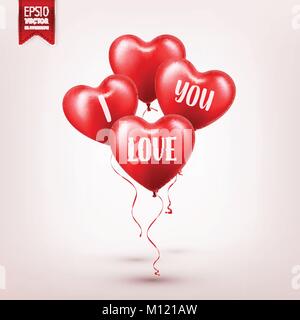 Valentines Tag Red Balloon mit Band. Herzform. Liebe, 14. Februar. Stock Vektor