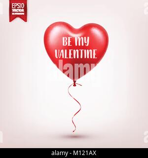 Valentines Tag Red Balloon mit Band. Herzform. Liebe, 14. Februar. Stock Vektor