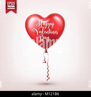 Valentines Tag Red Balloon mit Band. Herzform. Liebe, 14. Februar. Stock Vektor