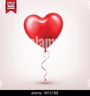 Valentines Tag Red Balloon mit Band. Herzform. Liebe, 14. Februar. Stock Vektor