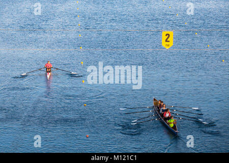 Deutschland, Köln, Boat Race Kurs am See Fuehlingen, sculler. Deutschland, Koeln, Regattastrecke bin Fuehlinger sehen, Ruderer. Stockfoto