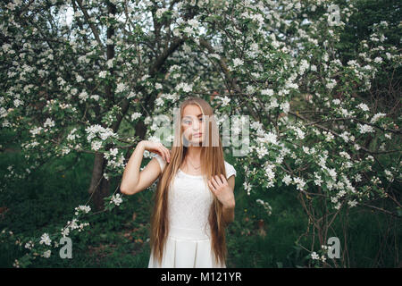 Porträt der schönen jungen Frau in Apfelbäume blühen. Stilvolle Mädchen in weißem Kleid mit Apple Bäume Blumen Stockfoto