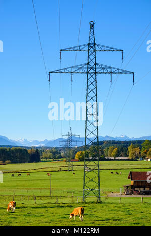 Hochspannungsleitung in der Nähe von Egling, Voralpen, Oberbayern, Bayern, Deutschland Stockfoto