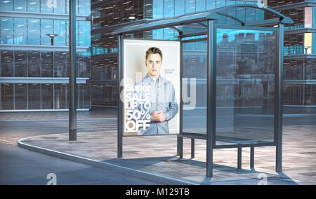 Mode Verkauf Werbung auf einem Bus stop 3D-Rendering Stockfoto