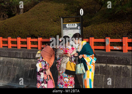 23.12.2017, Kyoto, Japan, Asien - drei junge Frauen, die einer traditionellen Kimono stehen am Straßenrand vor Maruyama Park gesehen. Stockfoto