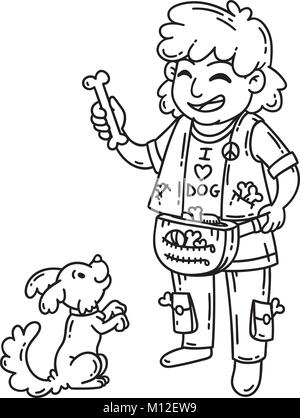 Mann mit Hund. Isolierte Objekte auf weißem Hintergrund. Cartoon Vector Illustration. Malvorlagen. Stock Vektor