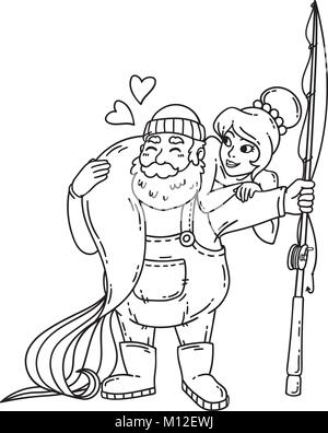 Fischer mit Meerjungfrau. Isolierte Objekte auf weißem Hintergrund. Vector Illustration. Malvorlagen. Stock Vektor