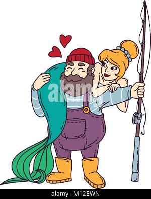 Fischer mit Meerjungfrau. Isolierte Objekte auf weißem Hintergrund. Cartoon Vector Illustration. Stock Vektor