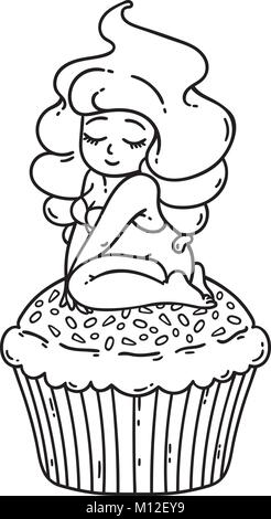 Cupcake creme Fee. Süße Mädchen auf Cupcake. Isolierte Objekte auf weißem Hintergrund. Vector Illustration. Färbung skizzieren. Stock Vektor