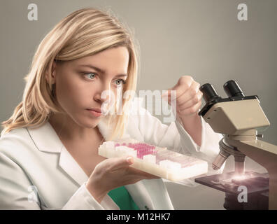 Junge weibliche microscopist im weißen Mantel wählt eine Gewebeprobe für die mikroskopische Analyse. Dieses Bild wird gestrafft. Stockfoto