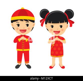 Happy Chinese New Year Junge und Mädchen in traditioneller Kleidung zu feiern. Satz von Zeichen Cartoon auf weißem Hintergrund. Stock Vektor