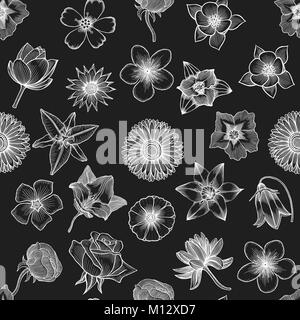 Frühling Blumen nahtlose floralen Muster Hintergrund. Hand Zeichnung Garten pflanzen Buttercup, Flieder, Freesien, Anemonen. Schwarz und Weiß. Vector vintage Illu Stock Vektor