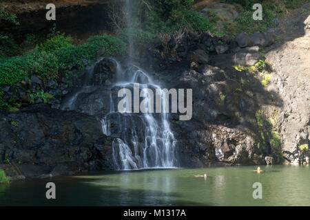 Baden im Wasserfall Tamarind Wasserfälle oder Les 7 Kaskaden bei Henrietta, Mauritius, Afrika | Schwimmen im Tamarind fällt oder Les 7 Kaskaden, Henrietta, M Stockfoto