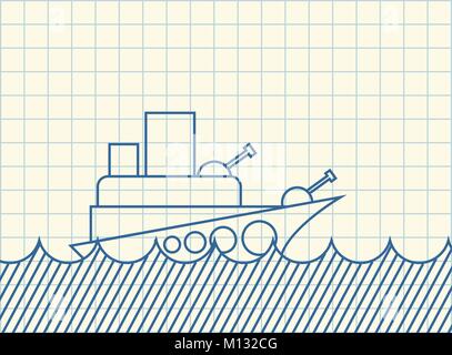 Skizze Kriegsschiff. Zeichnung der militärischen Schiff. Vector Illustration Stock Vektor