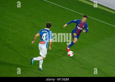 Barcelona, Spanien. 25 Jan, 2018. FC Barcelona Mittelfeldspieler Philippe Coutinho (14) Während des Spiels zwischen dem FC Barcelona gegen RCD Espanyol, für die Runde der 8 (2 St) der Cup des Königs, im Camp Nou Stadion am 25. Januar 2018 in Barcelona, Spanien gespielt. Credit: Gtres Información más Comuniación auf Linie, S.L./Alamy leben Nachrichten Stockfoto