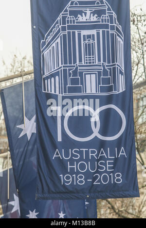 London, Großbritannien. 26. Januar 2018. Flaggen hängen außerhalb des Australischen hohe Kommission in Australien Haus in Aldwych London am Australia Day bekannt Die offizielle nationale Tag von Australien, der jährlich am 26. Januar gefeiert wird, Kennzeichnung der Jahrestag der 1788 Ankunft der Ersten Flotte der britischen Schiffe in Port Jackson, New South Wales Credit: Amer ghazzal/Alamy leben Nachrichten Stockfoto