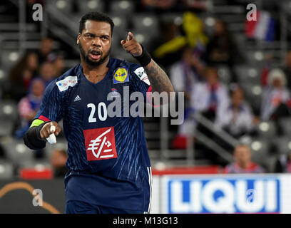 Zagreb, Kroatien. 26 Jan, 2018. Frankreich ist Cedric Sorhaindo feiert nach einem Ziel während der Europäischen Männer Handball Championship Match zwischen Frankreich und Spanien in Zagreb, Kroatien, 26. Januar 2018. Credit: Monika Skolimowska/dpa-Zentralbild/dpa/Alamy leben Nachrichten Stockfoto