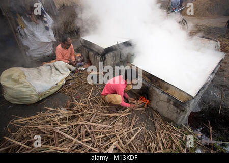 Bangladeshi Arbeiter Babu, 12, kocht die sap der Datum Palm Tree Winkelzug vorzubereiten. Stockfoto