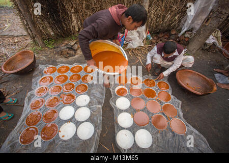 Heißes Date Palm Tree Saft wird in den Behälter an Iswardi, Bangladesch gegossen. Stockfoto